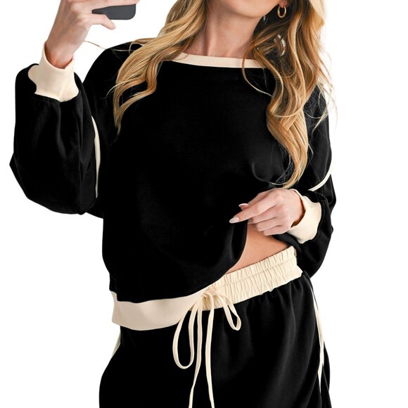 B301 Black Contrast Trim Loose Pullover and Lace Up Skort Set - Picture 5 of 11